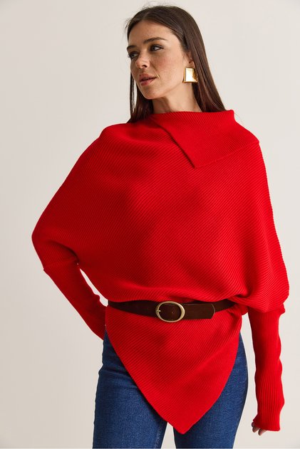 Women's Red Belted Asymmetrical Collar Bat Sleeve Knitwear Sweater Cln20 60286631