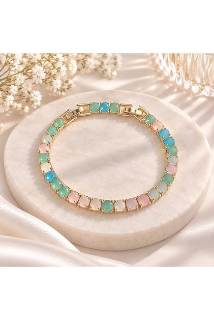 Karışık Renkli Opak (Pastel) 5mm Yuvarlak Zirkon Taşlı Su Yolu Gold Bileklik