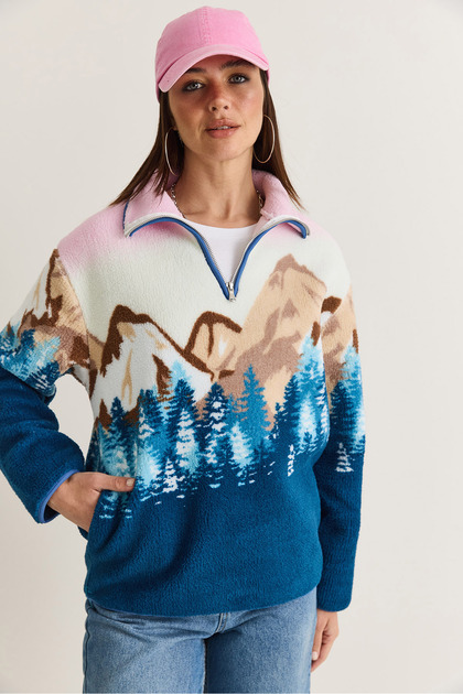 Women's Pink-Blue Patterned High Collar Half Zipper Pocket Detailed Oversize Fleece Sweatshirt 60286655