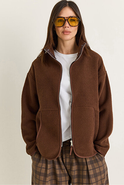 Women's Bitter Brown Stand Collar Pocket Detailed Ribbed Zippered Teddy Jacket 868 60286657