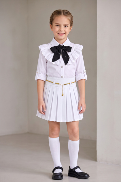 Girl's Black Scarf, Polka Dot Ruffle Collar, White Long Sleeve Shirt, Yellow Chain, White Pleated Skirt, April 23, October 29 Show Outfit