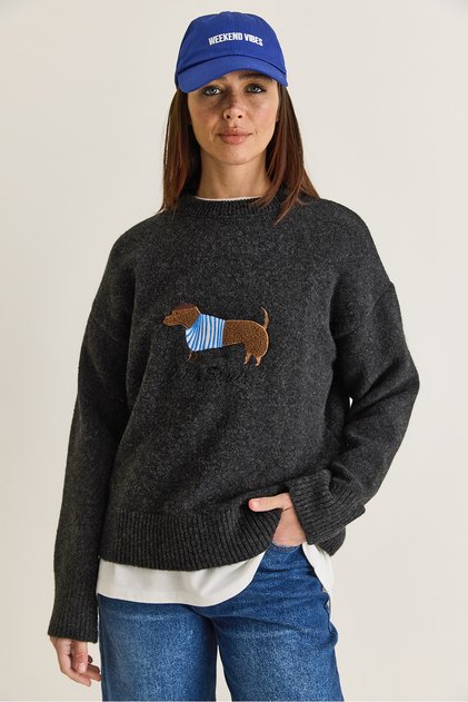 Women's Anthracite Dachshund Embroidered Crew Neck Relaxed Knitwear Sweater 7208 60286641