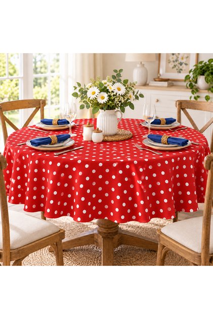 Polka Dot Round Red Tablecloth – Liquid Repellent, Stain Resistant, Custom Size Options Available