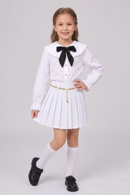 Girl's Long Sleeve Doll Collar Black Scarf Polka Dot Shirt Yellow Chain White Pleated Skirt April 23 October 29 Show Outfit White