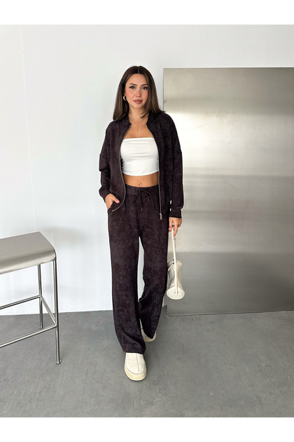 Batik Zippered Top and Wide-Leg Pants Set