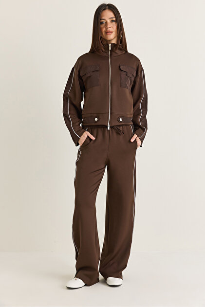Women's Bitter Coffee Pocket Detailed Stand Collar Zippered Ribbed Jacket Wide Leg Pants Tracksuit Set 4221 60286662