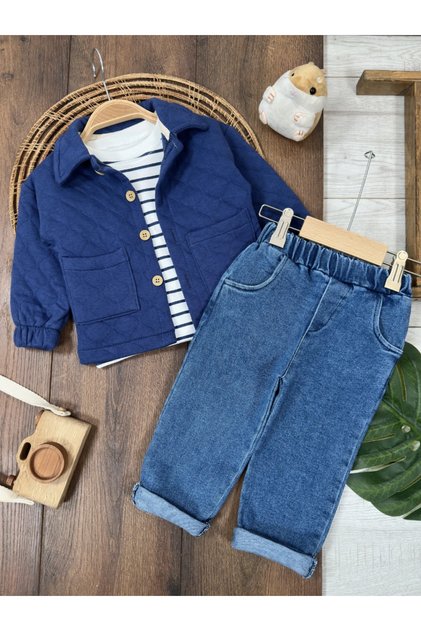 Quilted Jacket, Striped Badi Lycra Jean Pants, 3-Piece Baby Boy/Child Set