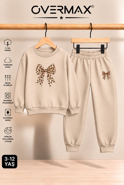 Leopard Patterned Ribbon Printed Children's Crew Neck Sweatshirt Tracksuit Set - Ages 3-12
