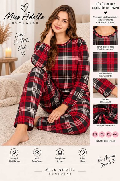 Kadın Büyük Beden Bisiklet Yaka Rahat Kalıp Kışlık Ev Giyimi Pijama Takımı