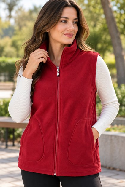 Plus Size Women's Fleece Vest Zippered Stand Collar Pocketed Sleeveless Coat Burgundy Black 42-62