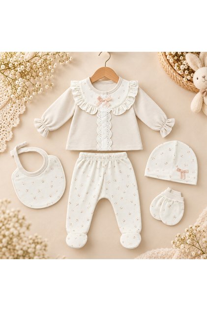 Set bebe fetita 5 piese din bumbac cu volane, dantela si imprimeu floral delicat
