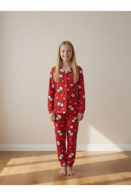 Girl's Teddy Bear and Star Red Suede Fabric Buttoned Pajama Set