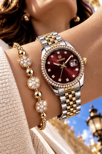 Round Case Gold Silver Claret Red Women's Wristwatch - 3 Atm Water Resistant Steel Band Japanese Movement Gift Special Boxed Hmby2079C4
