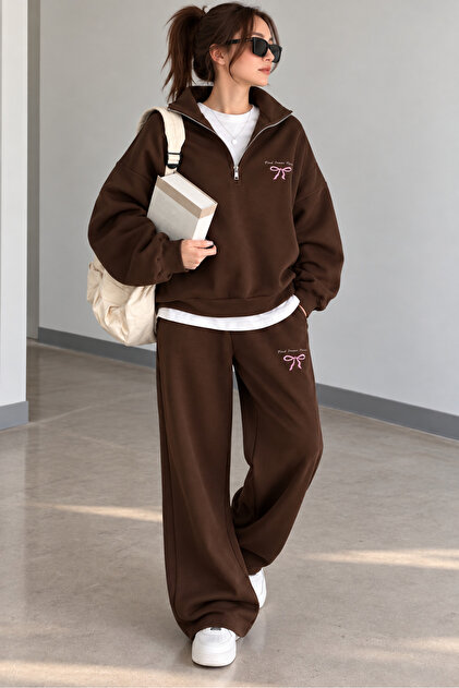 Coffee Color Stand Collar Bow Print Top and Wide Leg Bottom Tracksuit Set