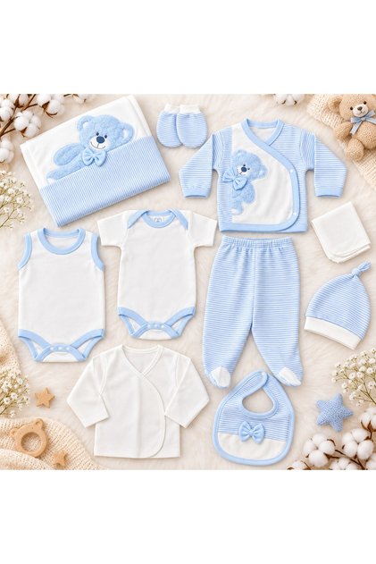 Set nou nascut 10 piese bumbac, bleu alb, ursulet, paturica, body, pantaloni si accesorii bebe