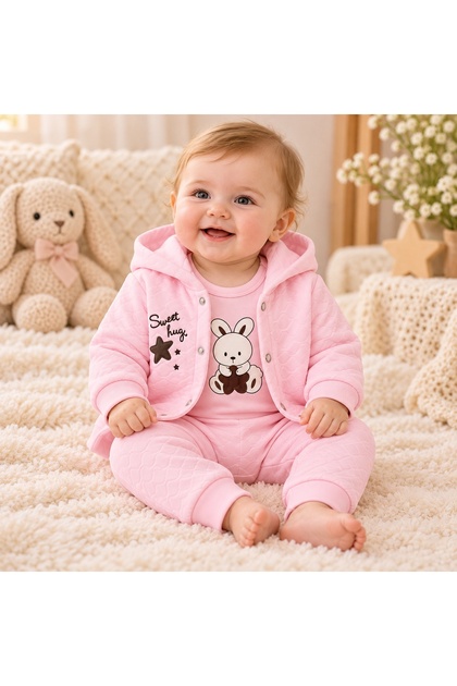 Set bebe fetita 3 piese din bumbac roz cu hanorac cu gluga body si pantaloni