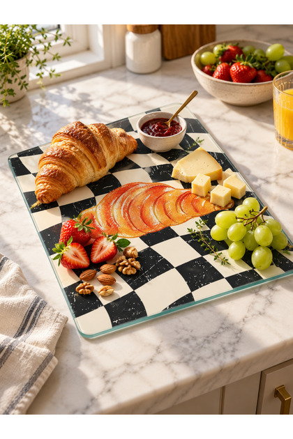 Croissant Patterned Tempered Glass Cutting and Presentation Board Black and White Checkerboard