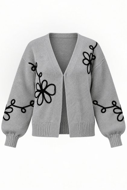 Women's Gray Black Floral Embroidered Cardigan