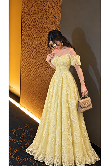 High-End Lemon Lace Evening Dress