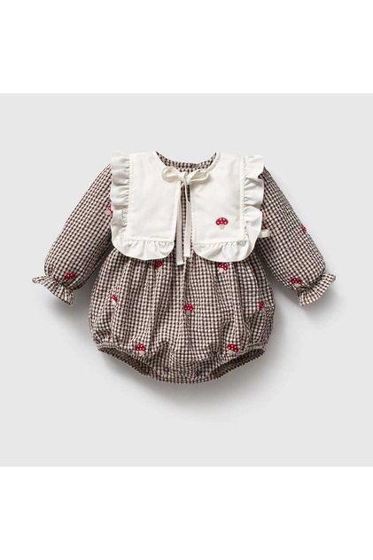 Cute Muschroom Embroidery Detailed 2-Piece Baby Girl Romper Set