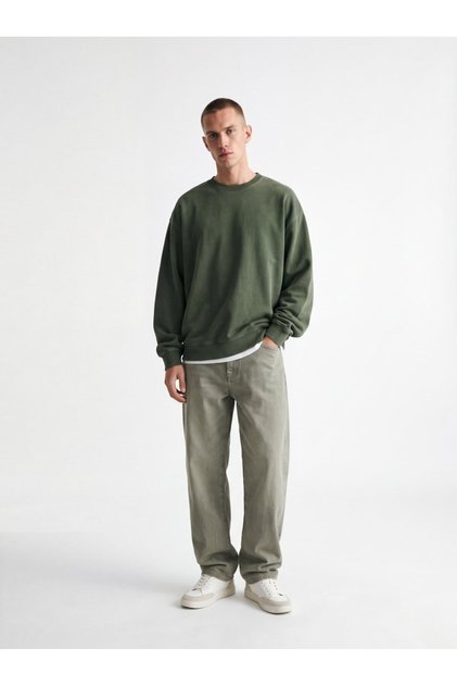 Regular Fit Faded Fabric Crew Neck Green Sweatshirt
