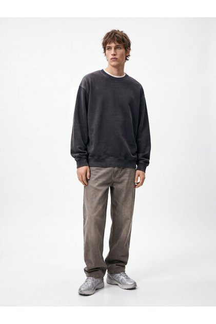 Regular Fit Faded Fabric Crew Neck Gray Sweatshirt