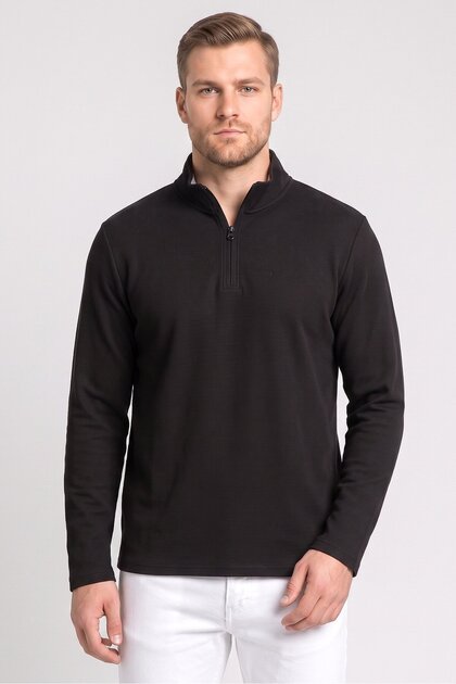 Men High Neck Textured Long Sleeve Sweatshirt, Black