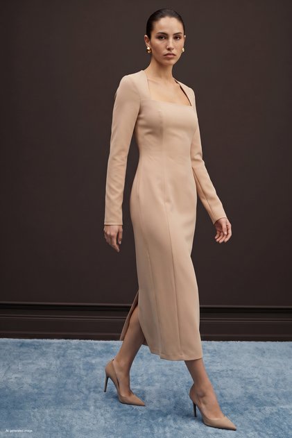 Klassisches Midikleid mit langen Ärmeln - Beige
