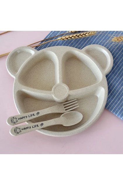 Beige 3Pcs/set Wheat Straw Baby Dishes Cartoon Tableware Set Kids Dinner Platos Baby Feeding Plate T