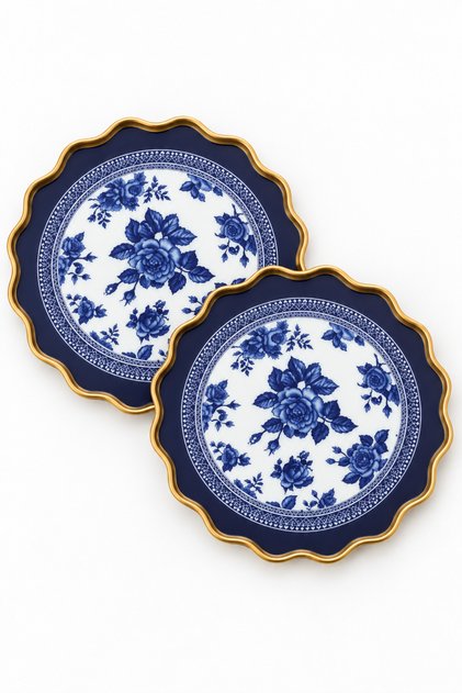 2-Piece Decorative Tray and Board Set – Uv Printed Glass Medium Surface, Gold Gilded, Floral Pattern, Presentation and Home Decoration