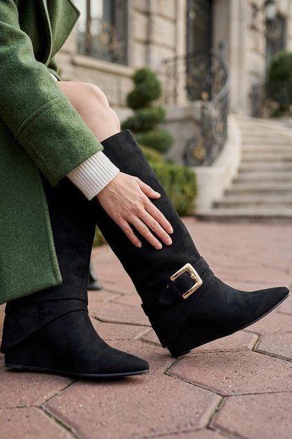 Lonely Black Suede Slip-On Boots (6 cm Hidden Heel Length) Daily Use Boots and Boots
