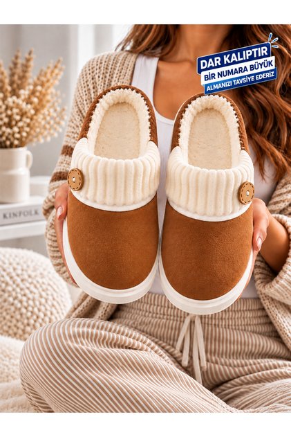 Women's Suede Button Detailed Soft Textured Ribbed Knitwear Collared Winter House Slippers Dowry Slippers Stc1376