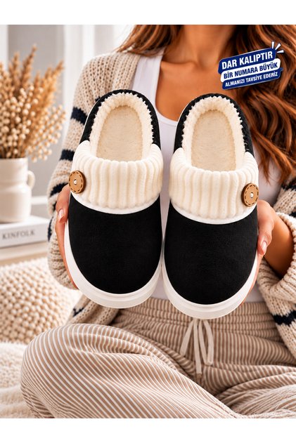 Women's Suede Button Detailed Soft Textured Ribbed Knitwear Collared Winter House Slippers Dowry Slippers Stc1376
