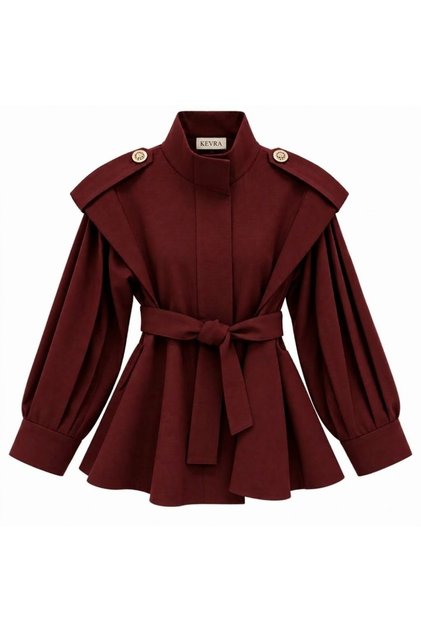 Kadın Bordo Dik Yaka Omuz Detaylı Kuşaklı Balon Kol Peplum Ceket & Kısa Kaban