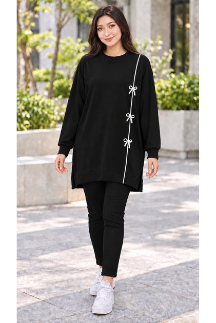 Women's Modal Fabric Bow Detailed Crew Neck Long Sleeve Relaxed Fit Hijab Tunic