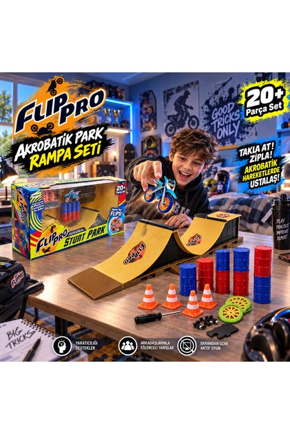 Flip Pro 20+ Parça Akrobatik Motosiklet Stunt Park Seti Rampalı Takla ve Zıplama Parkuru Parmak Motoru Oyun Seti 5+ Yaş