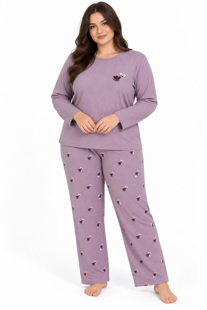 Büyük Beden İnterlok Şardonlu Kadın Lavanta Desen Lila Pijama Takımı