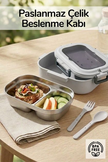 2-Compartment Stainless Steel Lunch Box with Spoon and Fork, Lunch Box, Lunch Container, Gray