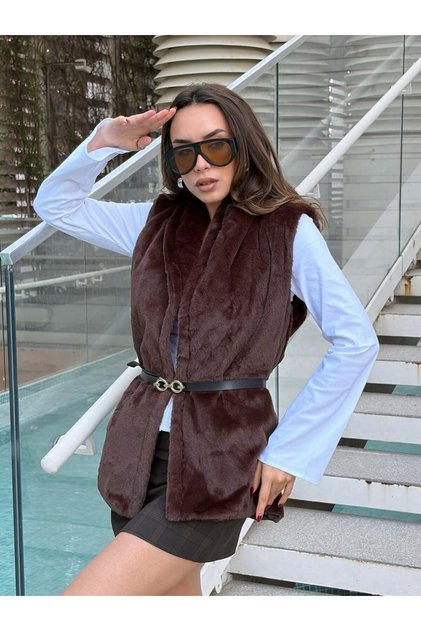 Women's Brown Belted Lined Fur Vest 30094