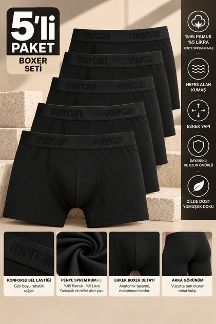 5-Pack Premium Black Boxers - Non-Marking Waist Elastic - Does Not Roll up