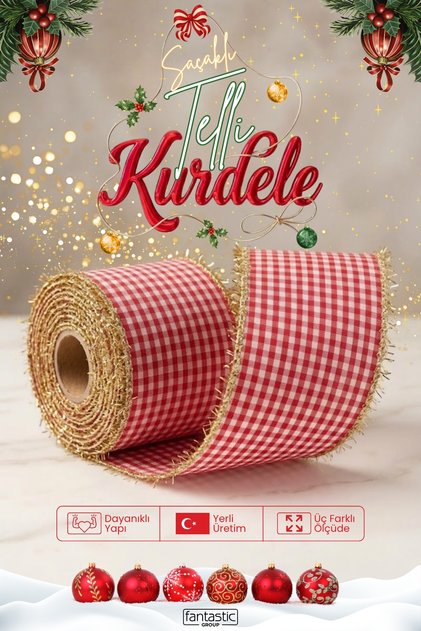 Yılbaşı Ekose Sim Saçaklı Telli Dokuma Kurdele 5 Metre – Gold Saçaklı Çelik Telli Hacimli Fiyonk ve Ağaç Süsleme Şeridi