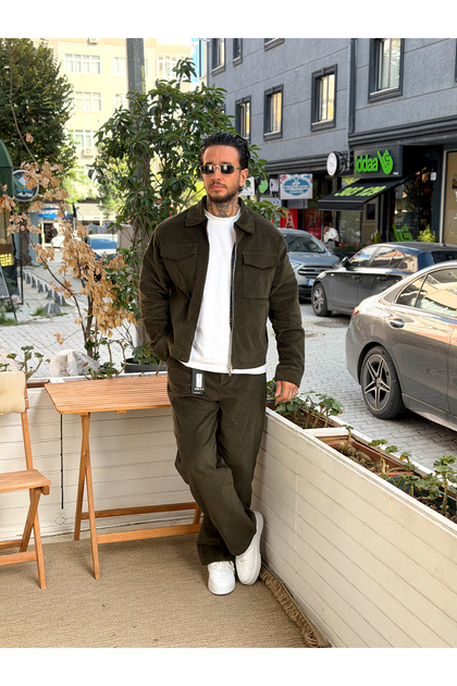 Imported Velvet Jacket and Trousers Set Khaki