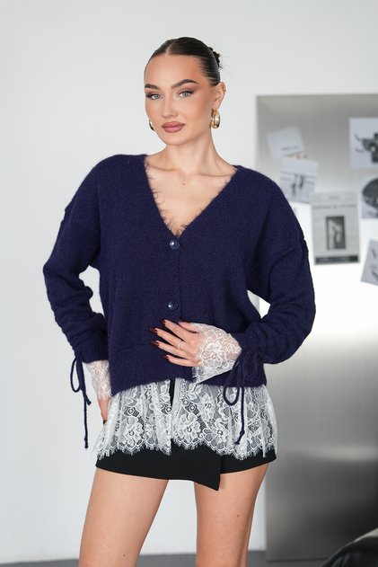 Women's Lace Detailed V-Neck Lace-Up Knitwear Cardigan