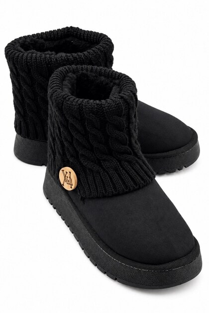 Icon Women's Black Suede Platform Sole Boots with Fur Inside and Knitted Detail, 5 cm Heel
