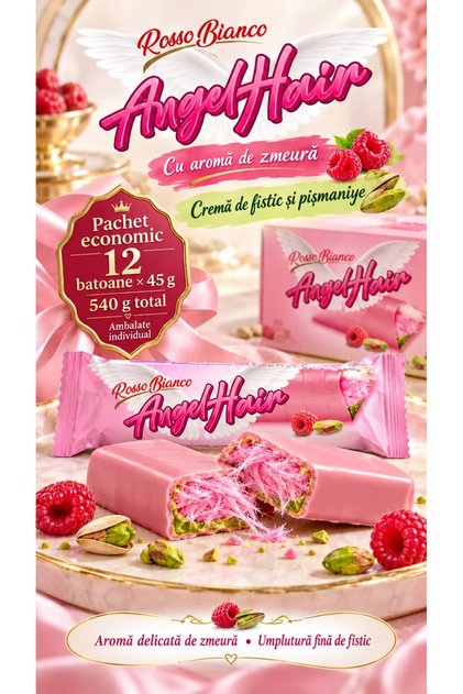 Angel Hair cu aromă de zmeură – Batoane cu cremă de fistic și pișmaniye, 12 × 45 g, 540 g