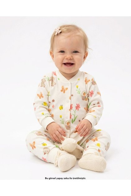 Baby Girl 6-9-12-18-24 Months Floral Printed Snap Fastener Seasonal 100% Cotton Nightgown Top and Bottom Pajama Set
