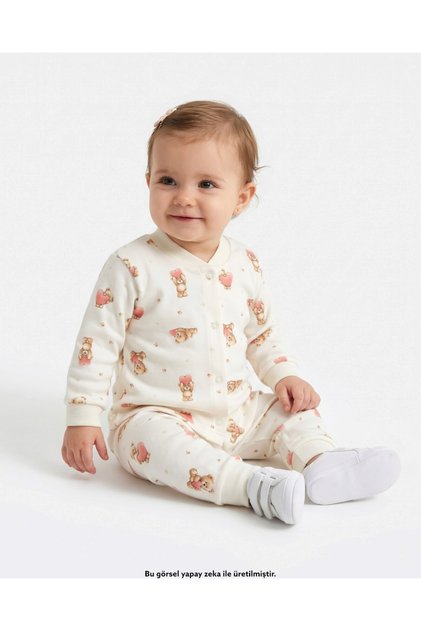 Baby Girl 6-9-12-18-24 Months Teddy Bear Printed Snap Fastener Seasonal 100% Cotton Nightgown Top and Bottom Pajama Set