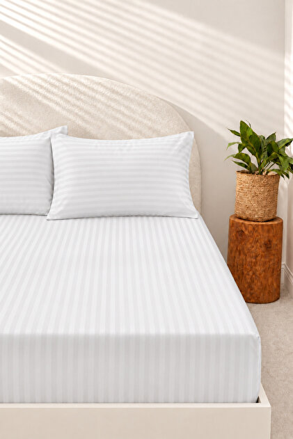 Cotton Satin 210 Tc(83 Threads) Striped Bed Sheet Set | White