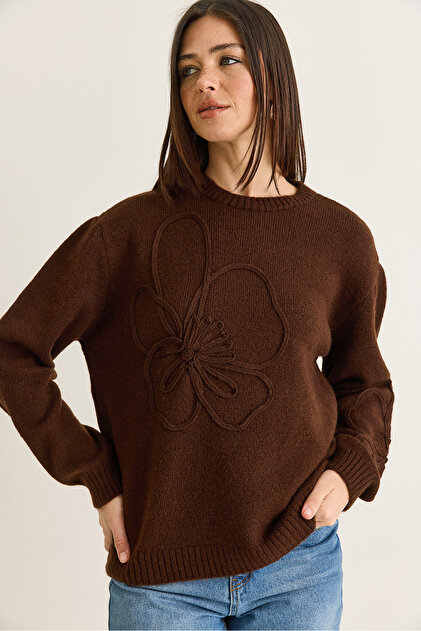 Women's Bitter Brown Soft Textured Floral Pattern Embroidered Knitwear Sweater 251085 60284089