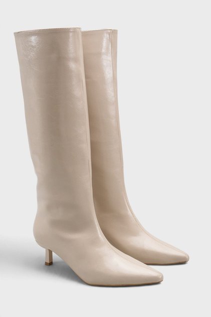 Women's Retro Short Heeled Boots - Tan-Patent Leather